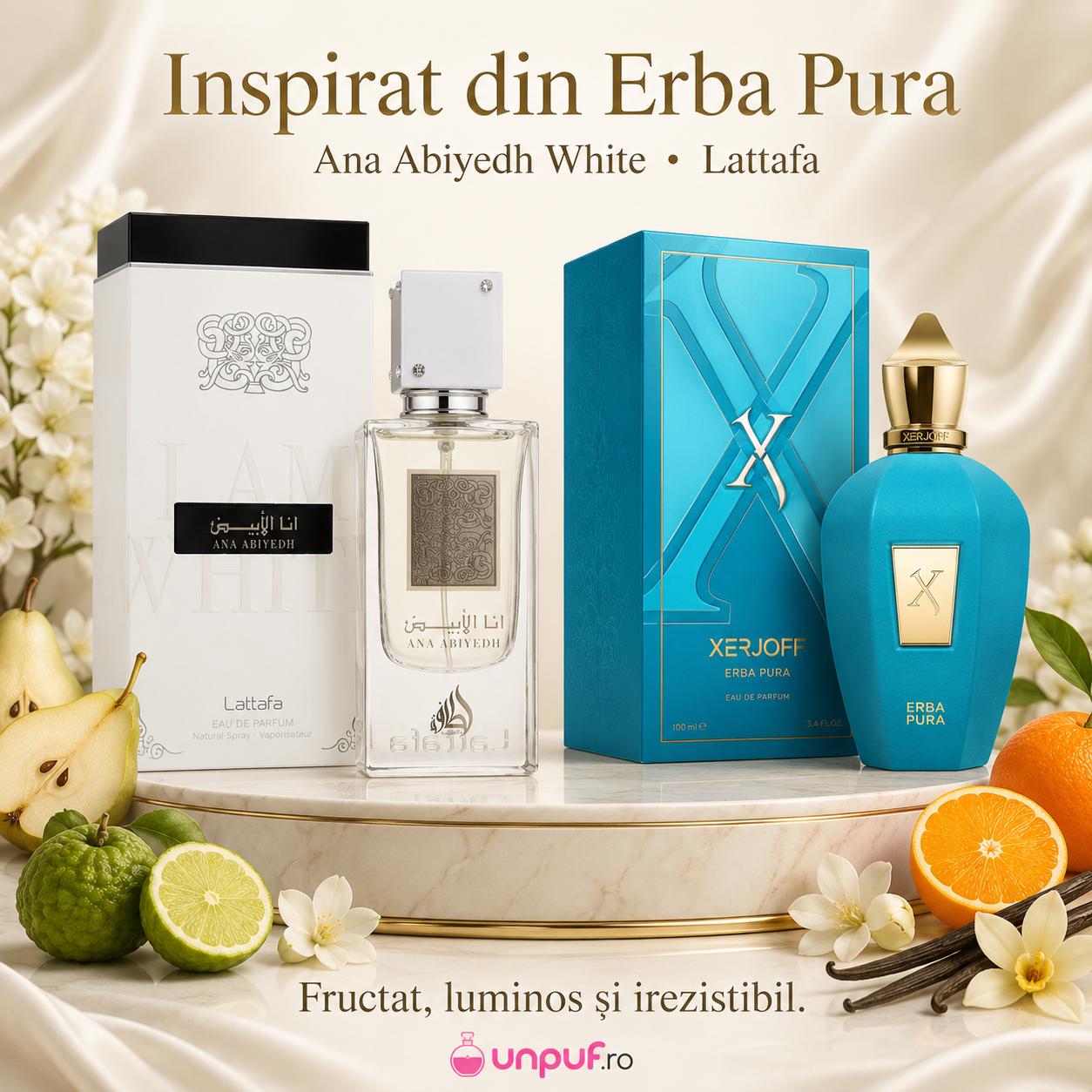Ana Abiyedh White Lattafa inspirat din Erba Pura Xerjoff parfum fructat luminos și irezistibil